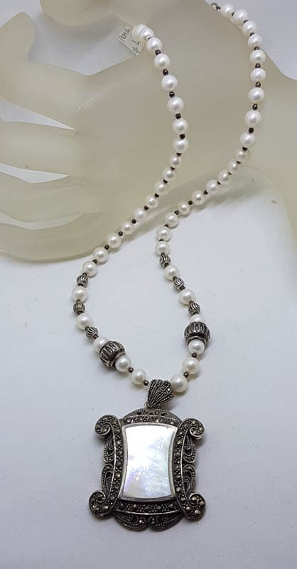 Sterling Silver Large Ornate Marcasite with Mother of Pearl Rectangular Pendant on Pearl Chain / Necklace