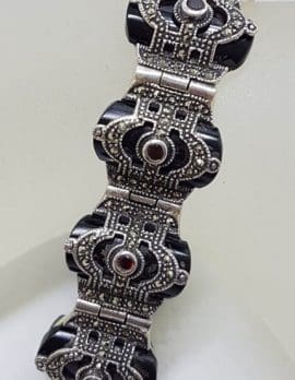 Sterling Silver Marcasite, Onyx & Garnet Art Deco Style Bracelet