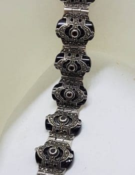 Sterling Silver Marcasite, Onyx & Garnet Art Deco Style Bracelet