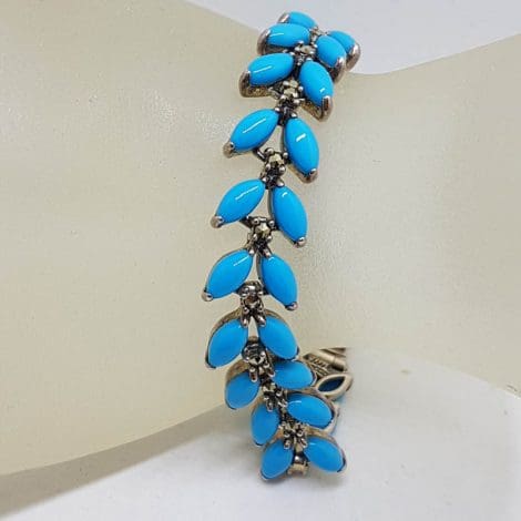 Sterling Silver Marcasite & Recon. Turquoise Leaves Bracelet