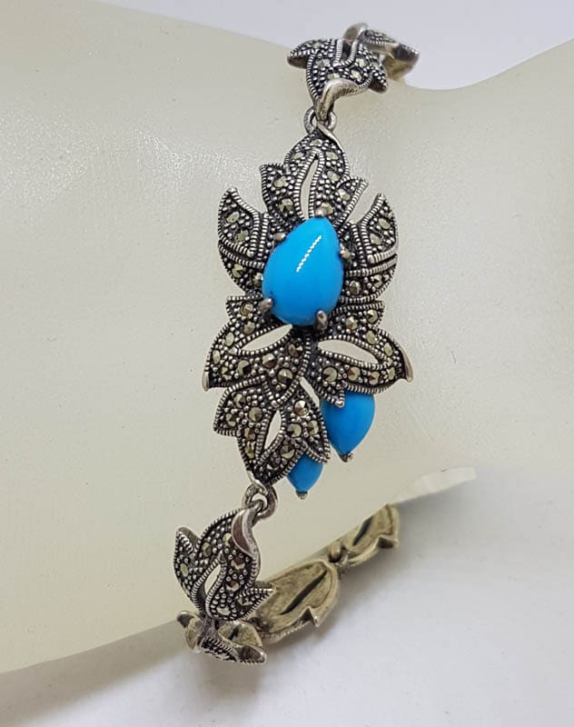 20210724_213533 Stunning Sterling Silver Large and Long Reconstituted Turquoise and Marcasite Ornate Bracelet
