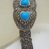 Sterling Silver Marcasite & Recon. Turquoise Wide Heart Bracelet