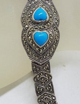 Sterling Silver Marcasite & Recon. Turquoise Wide Heart Bracelet