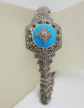 Sterling Silver Marcasite & Recon. Turquoise Ornate Hexagonal Bracelet