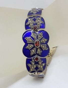 Sterling Silver Marcasite, Blue Enamel & Garnet Ornate Bracelet