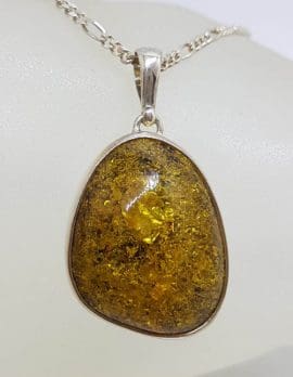 Sterling Silver Oval Natural Green Baltic Amber Pendant on Silver Chain