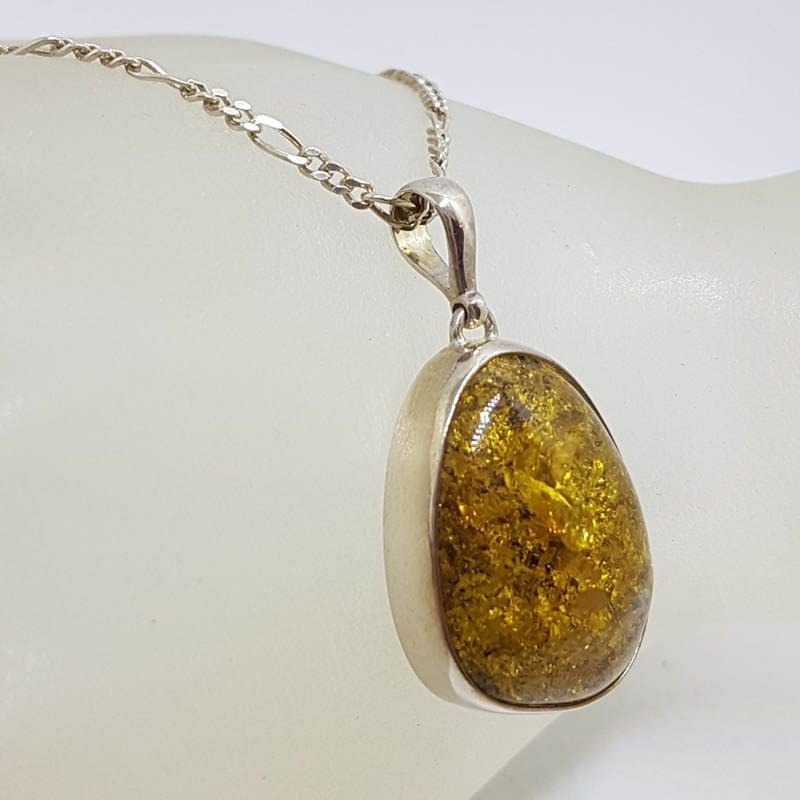 Sterling Silver Oval Natural Green Baltic Amber Pendant on Silver Chain