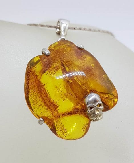 Sterling Silver Large Freeform Natural Baltic Amber with Skull Pendant on Silver Chain