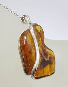 Sterling Silver Large Freeform Natural Baltic Amber with Wave Design Pendant on Silver Chain