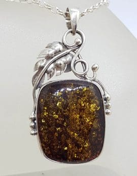 Sterling Silver Square Natural Green Baltic Amber with Gum Leaf Design Pendant on Silver Chain