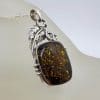 Sterling Silver Square Natural Green Baltic Amber with Gum Leaf Design Pendant on Silver Chain