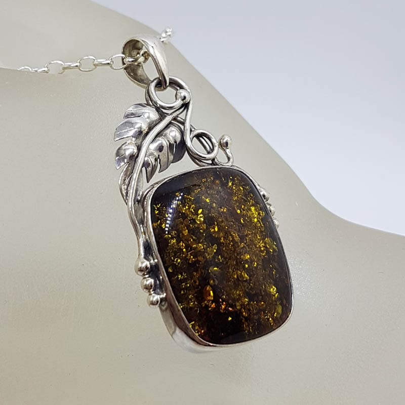 20210724_223801 Sterling Silver Square Natural Green Baltic Amber with Gum Leaf Design Pendant on Silver Chain