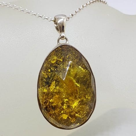 Sterling Silver Faceted Oval Natural Green Baltic Amber Pendant on Silver Chain