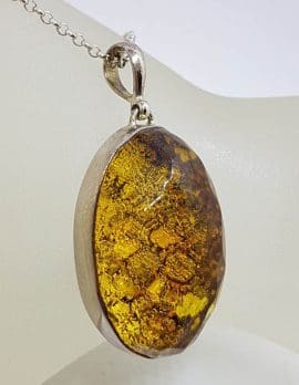 Sterling Silver Faceted Oval Natural Green Baltic Amber Pendant on Silver Chain