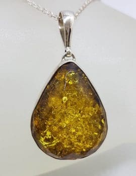 Sterling Silver Faceted Teardrop / Pear Shape Natural Green Baltic Amber Pendant on Silver Chain