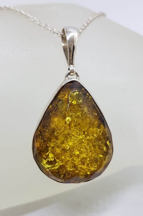 Sterling Silver Faceted Teardrop / Pear Shape Natural Green Baltic Amber Pendant on Silver Chain