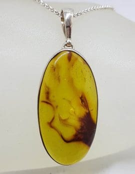 Sterling Silver Large Oval Natural Green Colombian Amber Pendant on Silver Chain