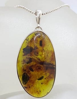 Sterling Silver Large Oval / Freeform Natural Green Colombian Amber Pendant on Silver Chain