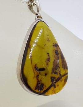 Sterling Silver Large Teardrop / Pear Shape Natural Green Colombian Amber Pendant on Silver Chain