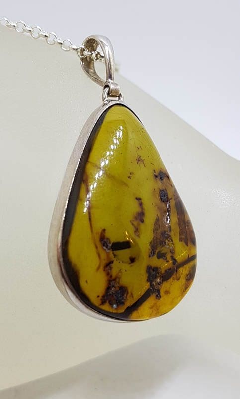 20210724_224357 Sterling Silver Large Teardrop / Pear Shape Natural Green Colombian Amber Pendant on Silver Chain