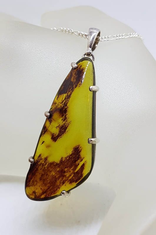 20210724_224558 Sterling Silver Elongated Large Triangular Natural Green Colombian Amber Pendant on Silver Chain