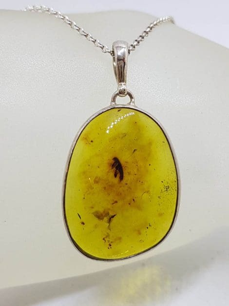 Sterling Silver Large Oval Natural Green Colombian Amber Pendant on Silver Chain - with Insect Inclusion