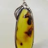Sterling Silver Elongated Large Oval Natural Green Colombian Amber with Leaf Design Pendant on Silver Chain