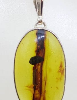 Sterling Silver Large Oval Natural Green Colombian Amber Pendant on Silver Chain - with Insect Inclusion