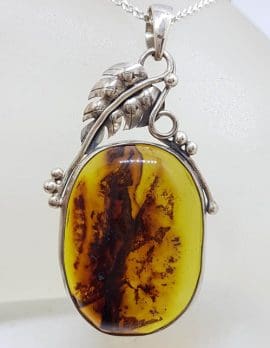 Sterling Silver Large Natural Green Colombian Amber Gum Leaf Design Oval Shape Pendant on Silver Chain