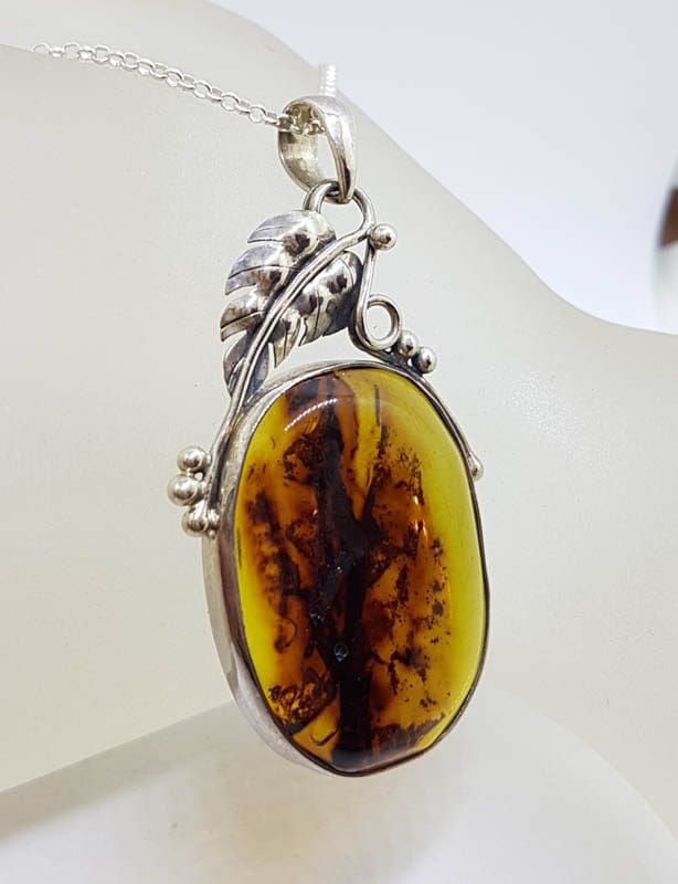 Sterling Silver Large Natural Green Colombian Amber Gum Leaf Design Oval Shape Pendant on Silver Chain