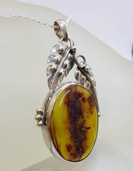 Sterling Silver Large Natural Green Colombian Amber Gum Leaf Design Oval Shape Pendant on Silver Chain