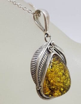 Sterling Silver Large Natural Baltic Amber Gum Leaf Design Triangular Pendant on Silver Chain