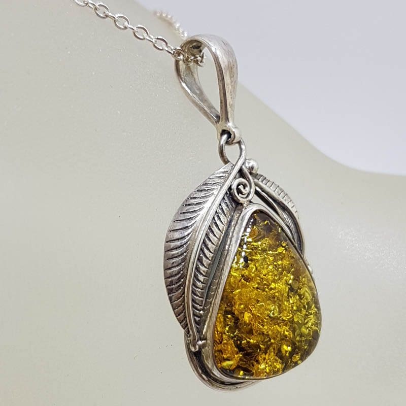 20210724_225154 Sterling Silver Large Natural Baltic Amber Gum Leaf Design Triangular Pendant on Silver Chain