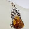 Sterling Silver Large Natural Baltic Amber Gum Leaf Design Freeform Shape Pendant on Silver Chain