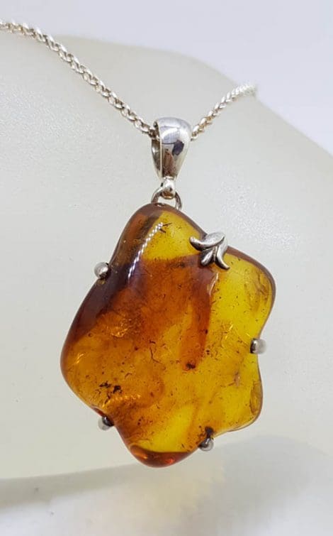 Sterling Silver Large Natural Baltic Amber Claw Set Freeform Shape Pendant on Silver Chain