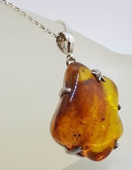 Sterling Silver Large Natural Baltic Amber Claw Set Freeform Shape Pendant on Silver Chain