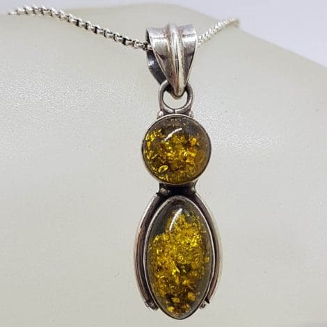 Sterling Silver Natural Baltic Amber Two Stone Pendant on Silver Chain
