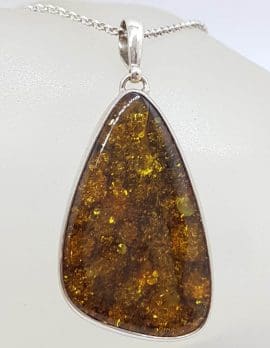 Sterling Silver Large Natural Baltic Amber Triangular Shape Bezel Set Pendant on Silver Chain