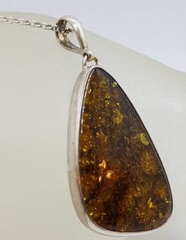 Sterling Silver Large Natural Baltic Amber Triangular Shape Bezel Set Pendant on Silver Chain