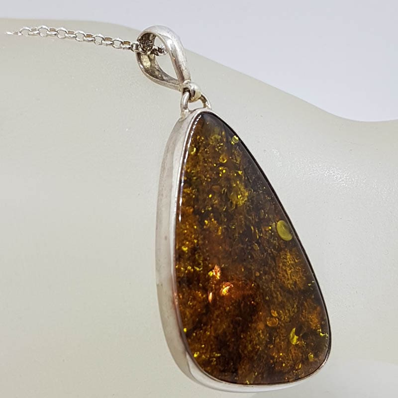 Sterling Silver Large Natural Baltic Amber Triangular Shape Bezel Set Pendant on Silver Chain