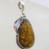 Sterling Silver Large Natural Baltic Amber Gum Leaf Design Teardrop / Pear Shaped Pendant on Silver Chain