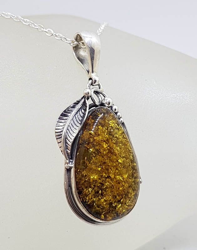 20210724_225918 Sterling Silver Large Natural Baltic Amber Gum Leaf Design Teardrop / Pear Shaped Pendant on Silver Chain
