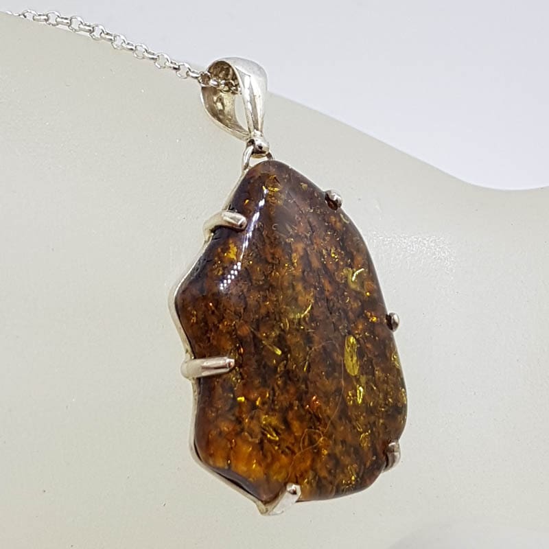 Sterling Silver Large Natural Baltic Amber Claw Set Freeform Shape Pendant on Silver Chain