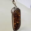 Sterling Silver Large Natural Baltic Amber Gum Leaf Design Elongated Pendant on Silver Chain