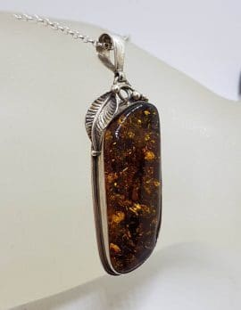 Sterling Silver Large Natural Baltic Amber Gum Leaf Design Elongated Pendant on Silver Chain