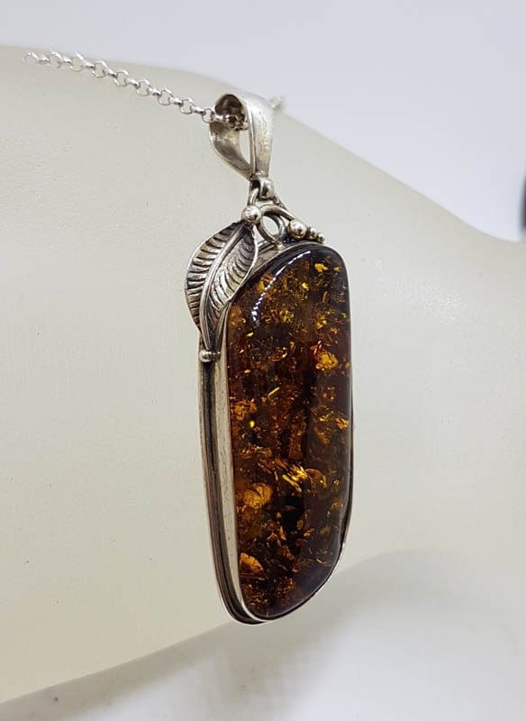 Sterling Silver Large Natural Baltic Amber Gum Leaf Design Elongated Pendant on Silver Chain