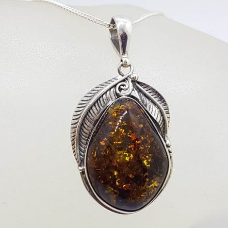 Sterling Silver Large Natural Baltic Amber Gum Leaf Design Teardrop / Pear Shaped Pendant on Silver Chain