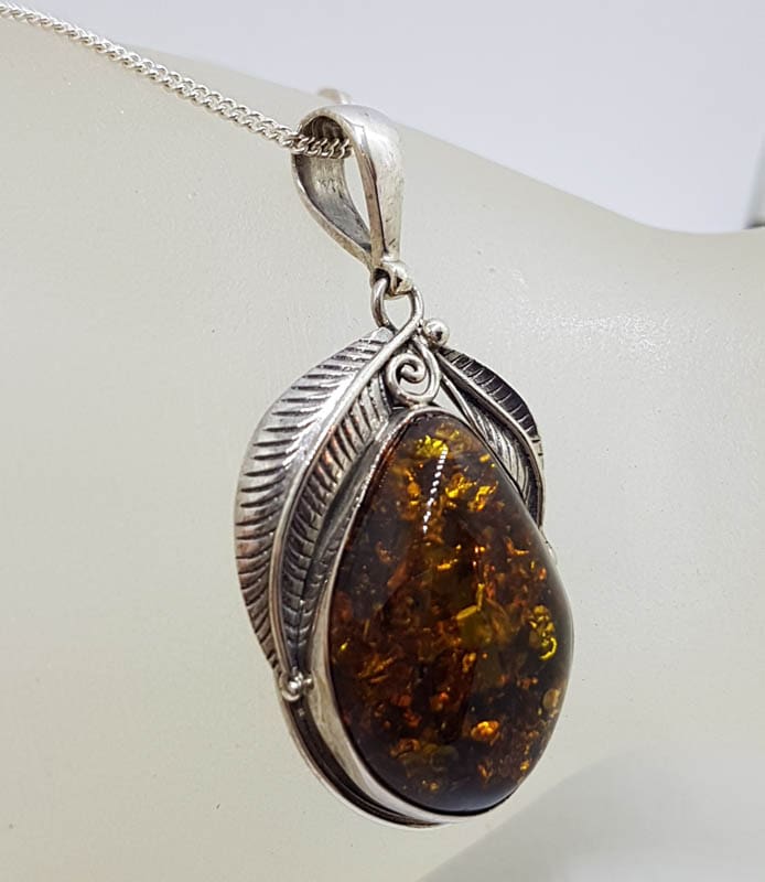 Sterling Silver Large Natural Baltic Amber Gum Leaf Design Teardrop / Pear Shaped Pendant on Silver Chain