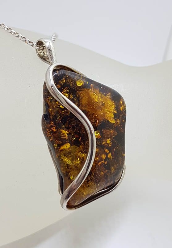 Sterling Silver Large Natural Baltic Amber Freeform Shape with Wave Design Pendant on Silver Chain