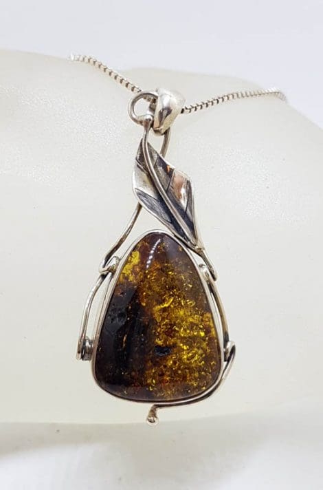 Sterling Silver Large Natural Baltic Amber Leaf Design Triangle Shaped Pendant on Silver Chain